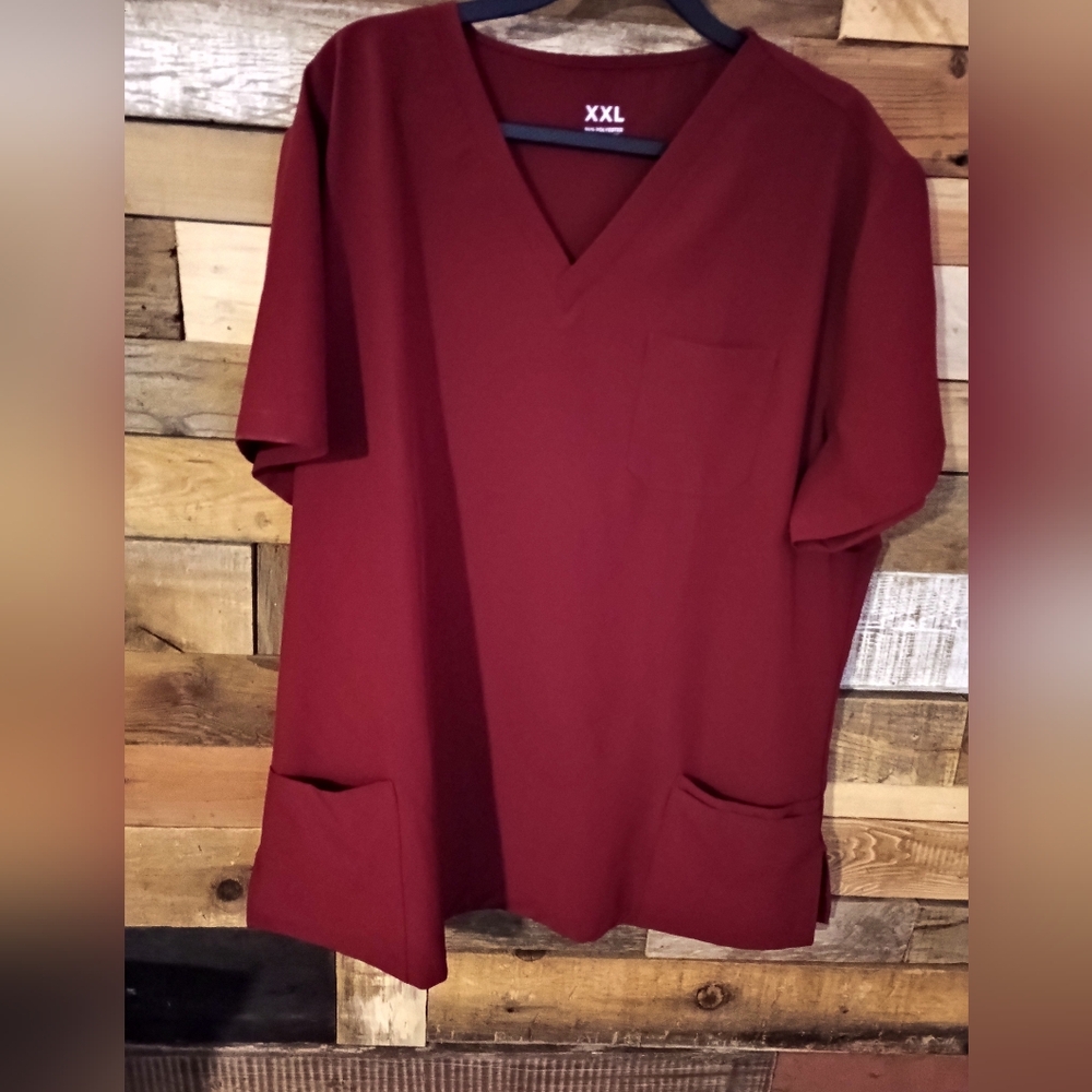 Burgundy Medical Scrub Top with Short Sleeves and V-Neck Collar
